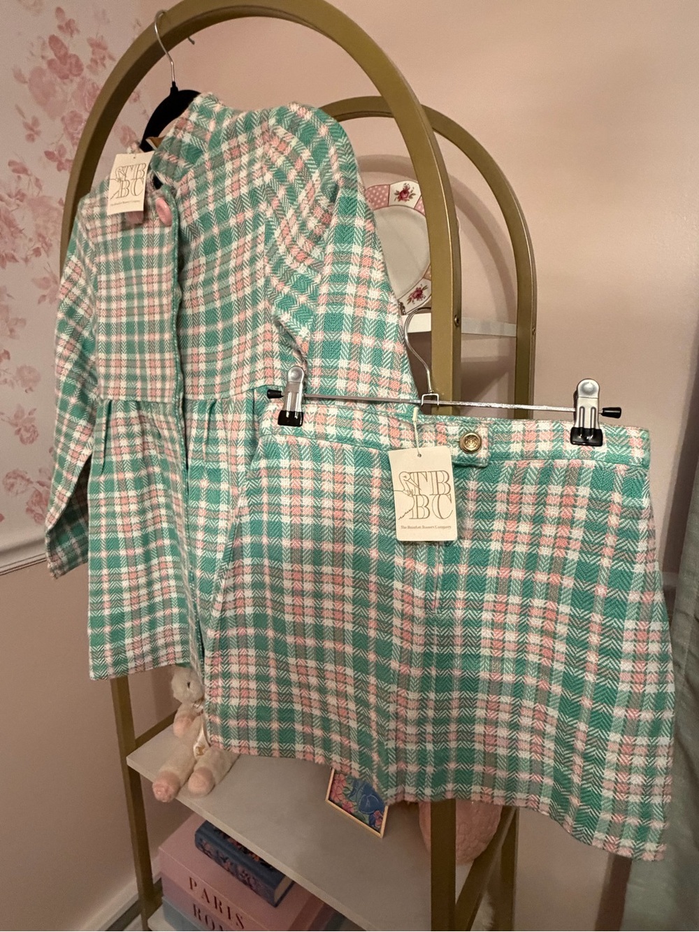 The Beaufort Bonnet Company Mint & Pink Plaid Pea Coat with matching skirt.